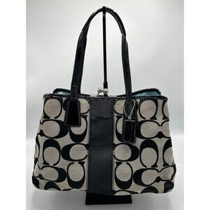 Coach Signature Stripe Framed Carryall Satchel Tote No F13533 Silver Black White